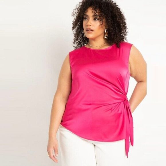 Eloquii Tie Side Satin Tank Top Hot Pink Size 26 Bright Malibu Barbie Pink - Picture 1 of 8